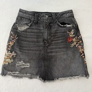 Abercrombie‎ & Fitch Denim Mini Skirt XS 24 Embroidered Distressed Festival Y2K